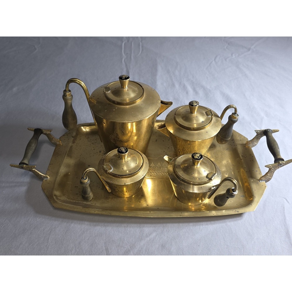 Vintage Siam Thailand Brass 4 Piece Tea Coffee Set w/ Tray